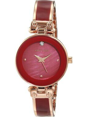 Women's Rose Gold Burgundy Analog Quartz Bracelet Genuine Diamond Bangle Watch